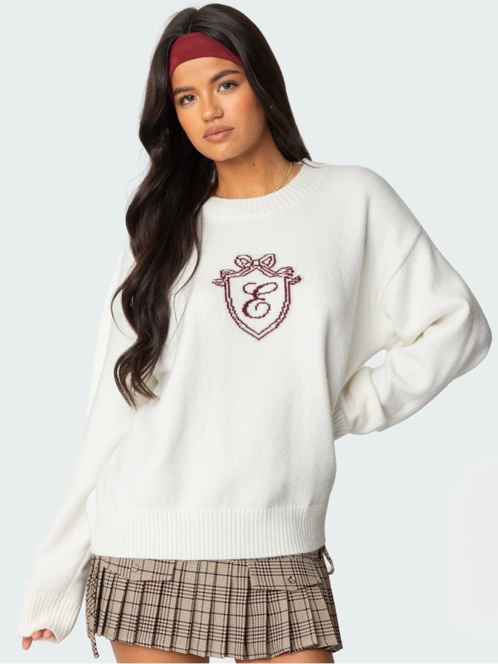 NWT Edikted So Preppy White Crest Logo Cotton Crewneck Sweater
